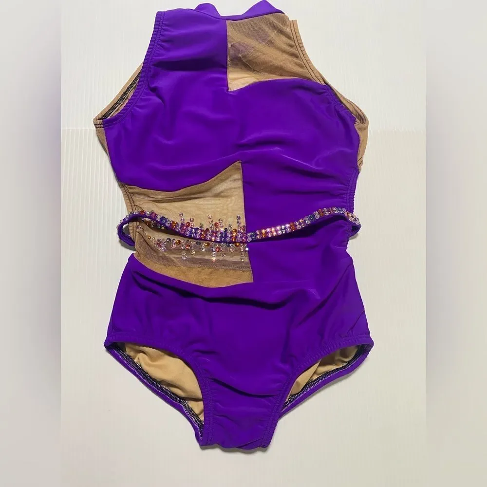 AA dance design solo costume JOURNEY leotard purple mesh cutout LC-large child